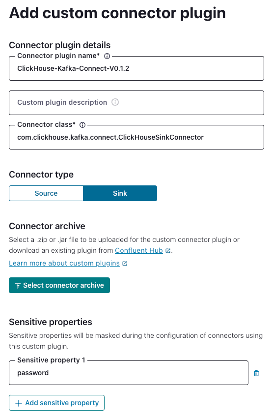 UI платформы Confluent, показывающая настройки для добавления кастомного коннектора ClickHouse