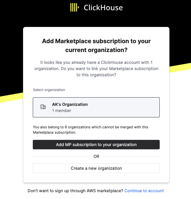 Интерфейс ClickHouse Cloud, показывающий, как добавить подписку на marketplace к существующей организации