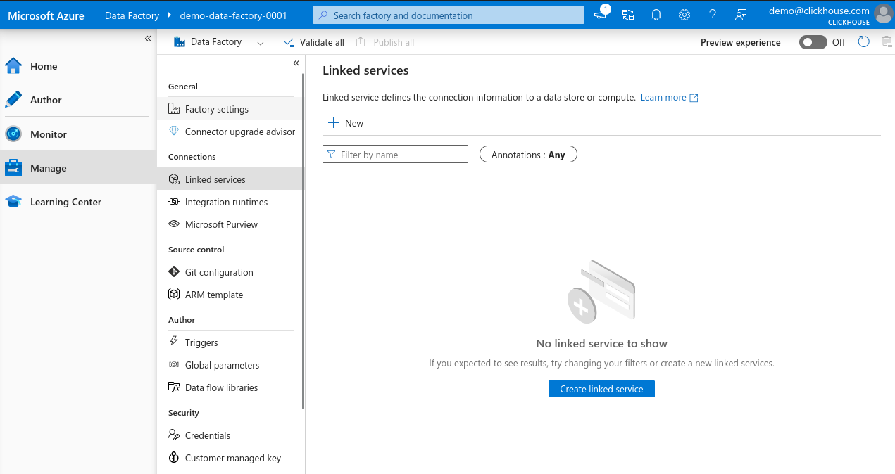 Кнопка создания нового связанного сервиса в Azure Data Factory