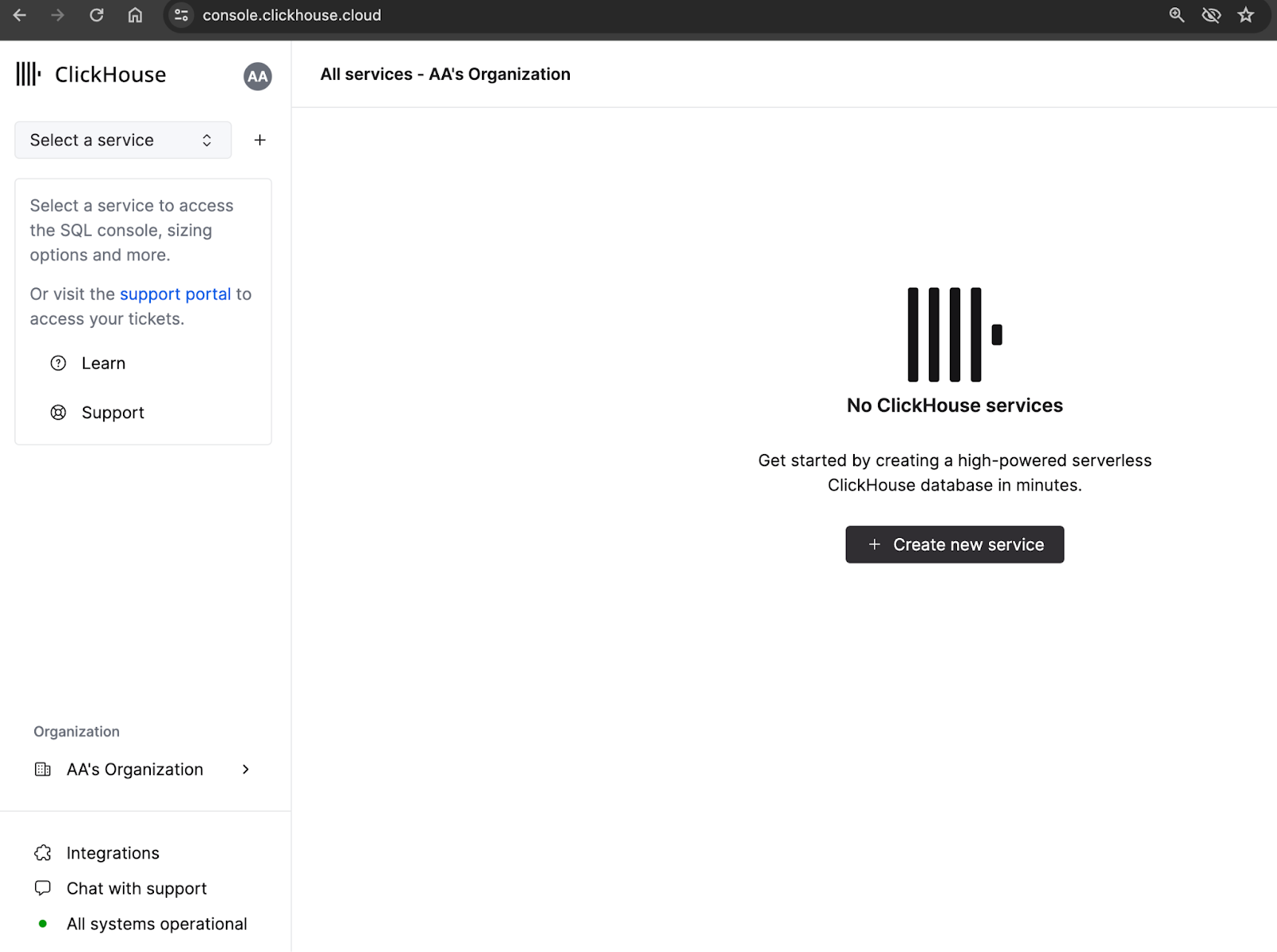 Новая страница услуг ClickHouse Cloud
