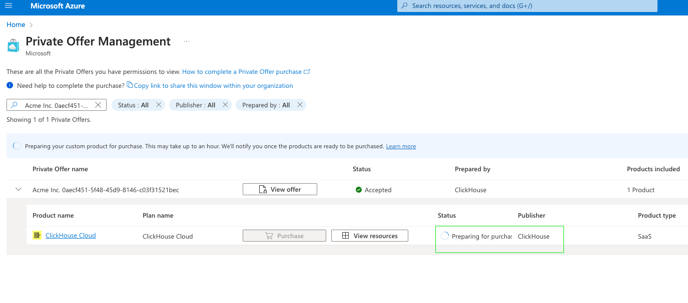 Страница управления личным предложением Azure Marketplace загружается