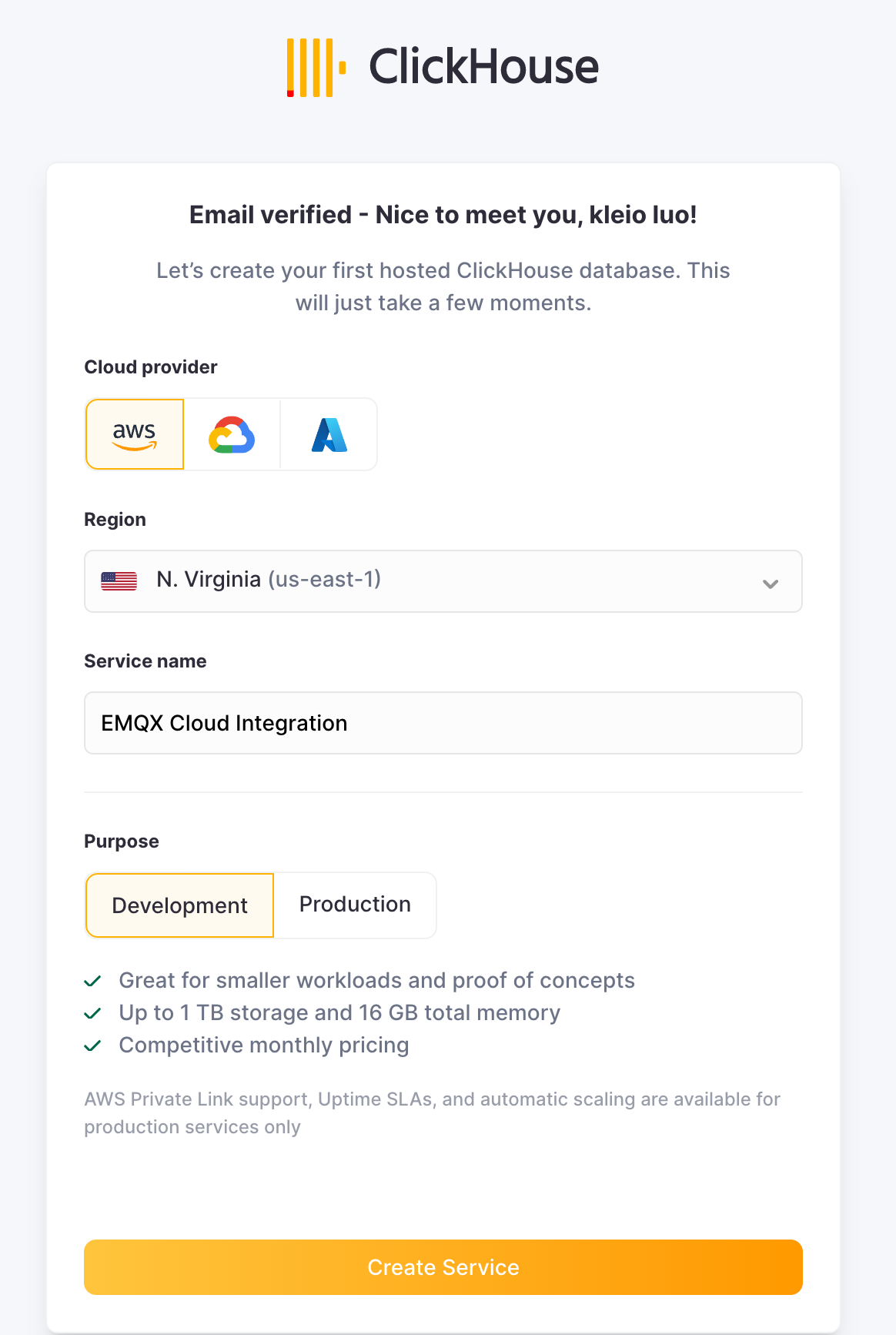 Интерфейс развертывания сервиса ClickHouse Cloud, показывающий выбор региона AWS