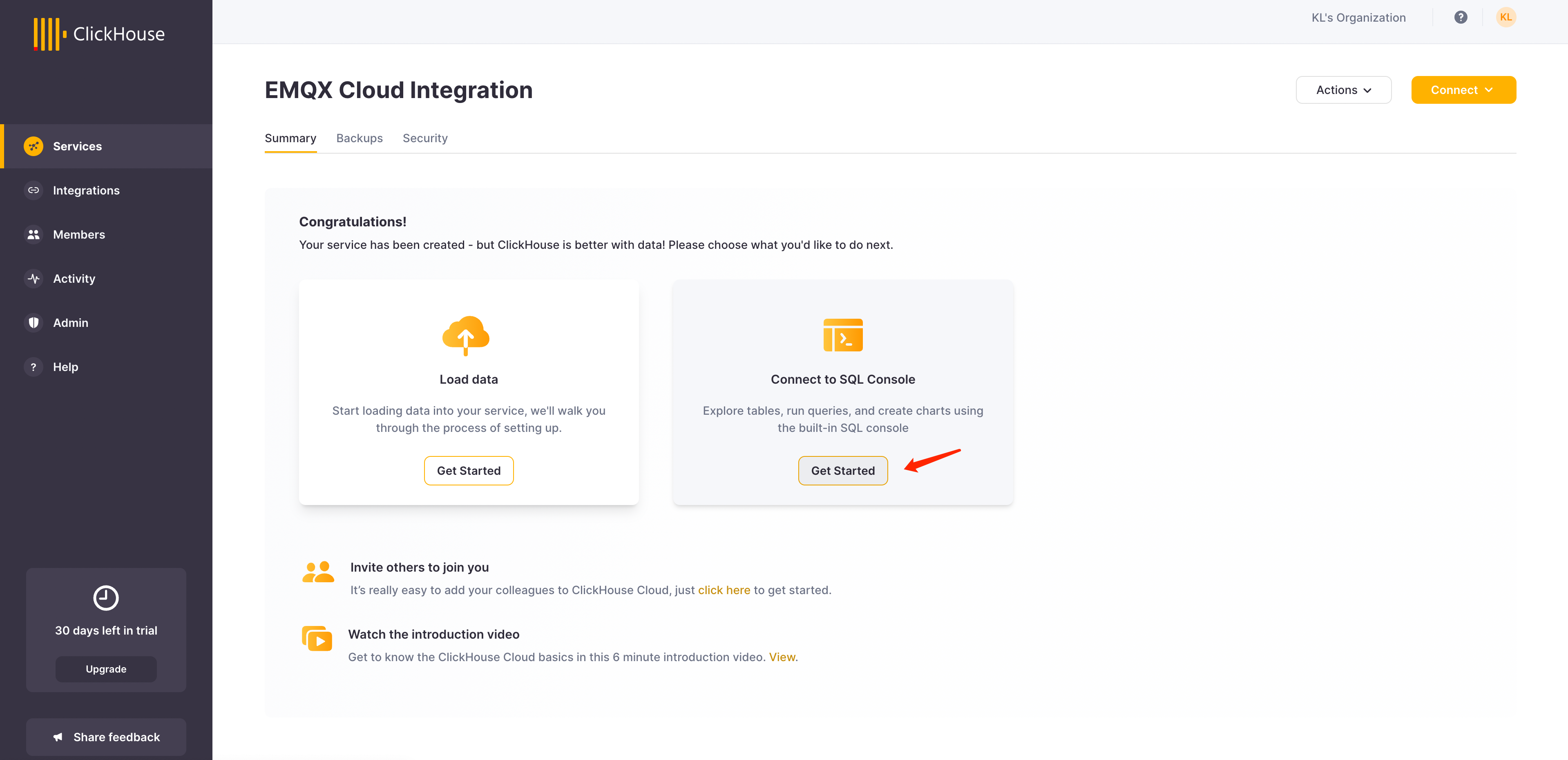 Интерфейс SQL-консоли ClickHouse Cloud