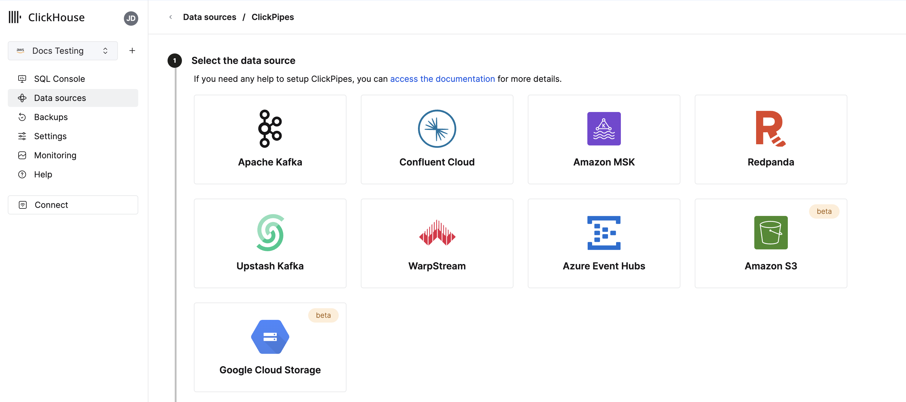 Интерфейс ClickPipes, показывающий параметры конфигурации для загрузки данных из ведер S3 и GCS