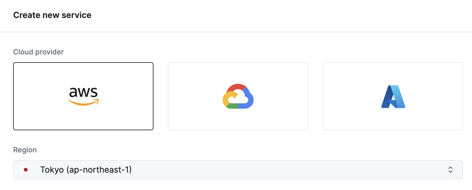 Интерфейс создания службы ClickHouse Cloud, показывающий выбор региона Токио