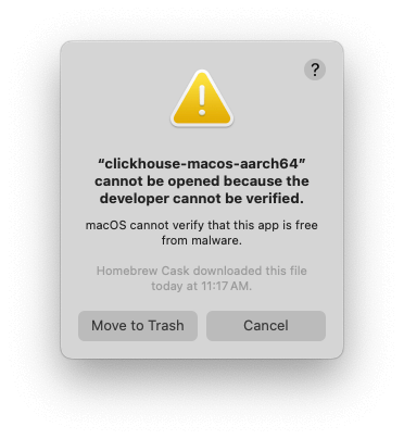 Диалог ошибки проверки разработчика в MacOS