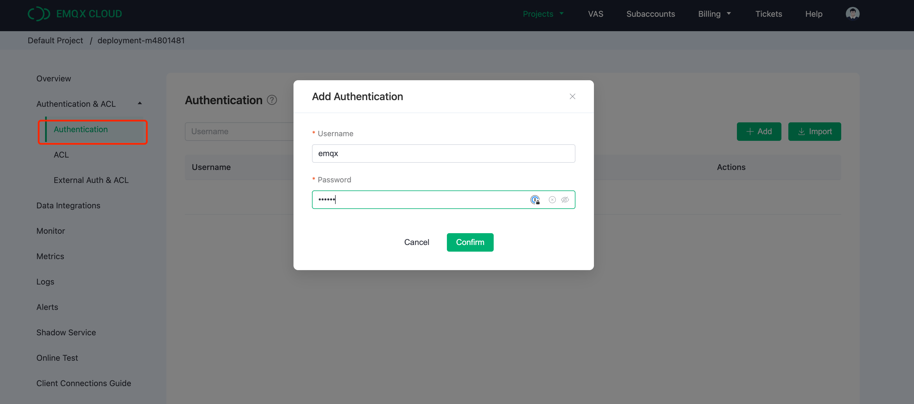Интерфейс настройки аутентификации EMQX Cloud для добавления учетных данных