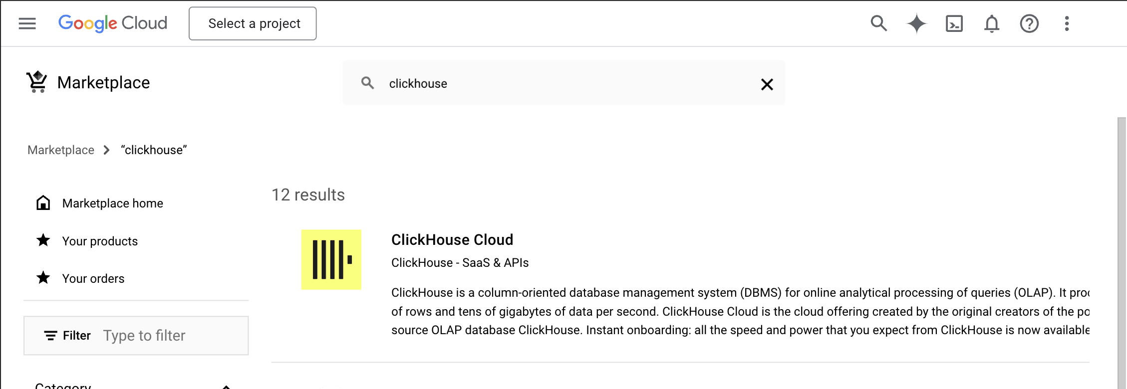 Главная страница GCP Marketplace