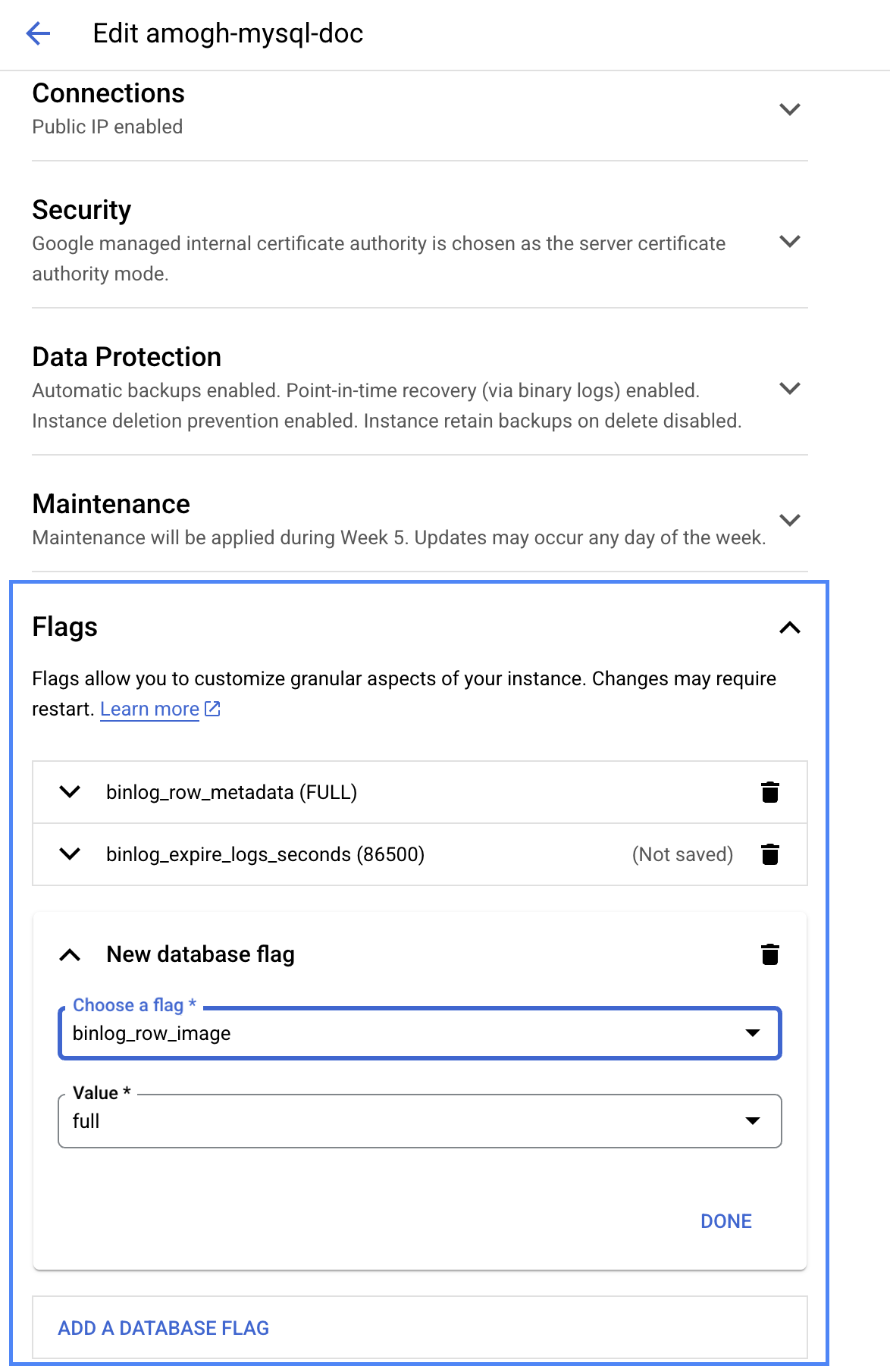 Настройка флагов binlog в GCP