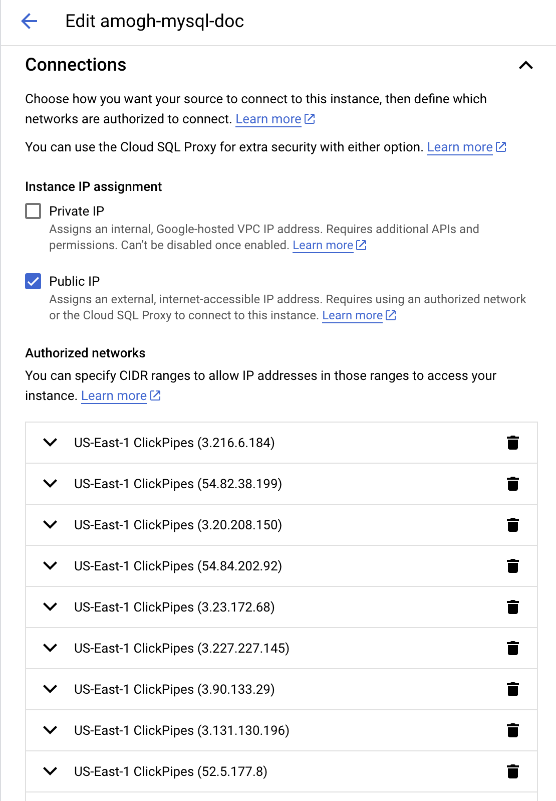 Разрешение IP в GCP MySQL