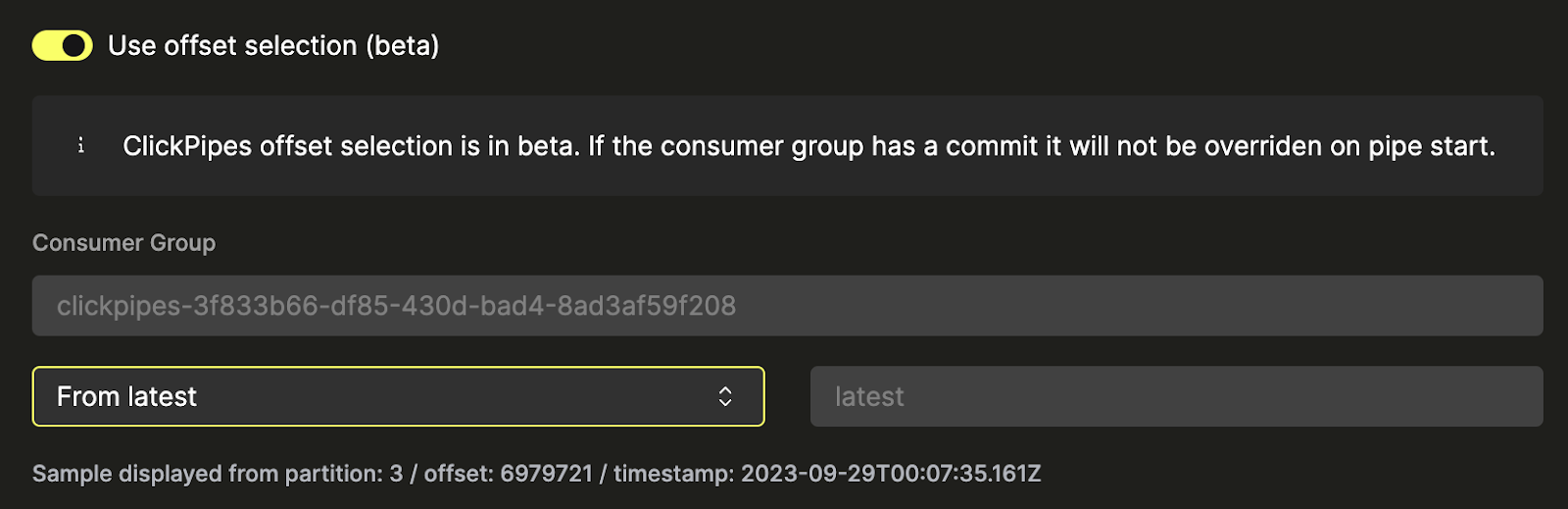 Интерфейс конфигурации Kafka connector ClickPipes, показывающий варианты выбора офсета