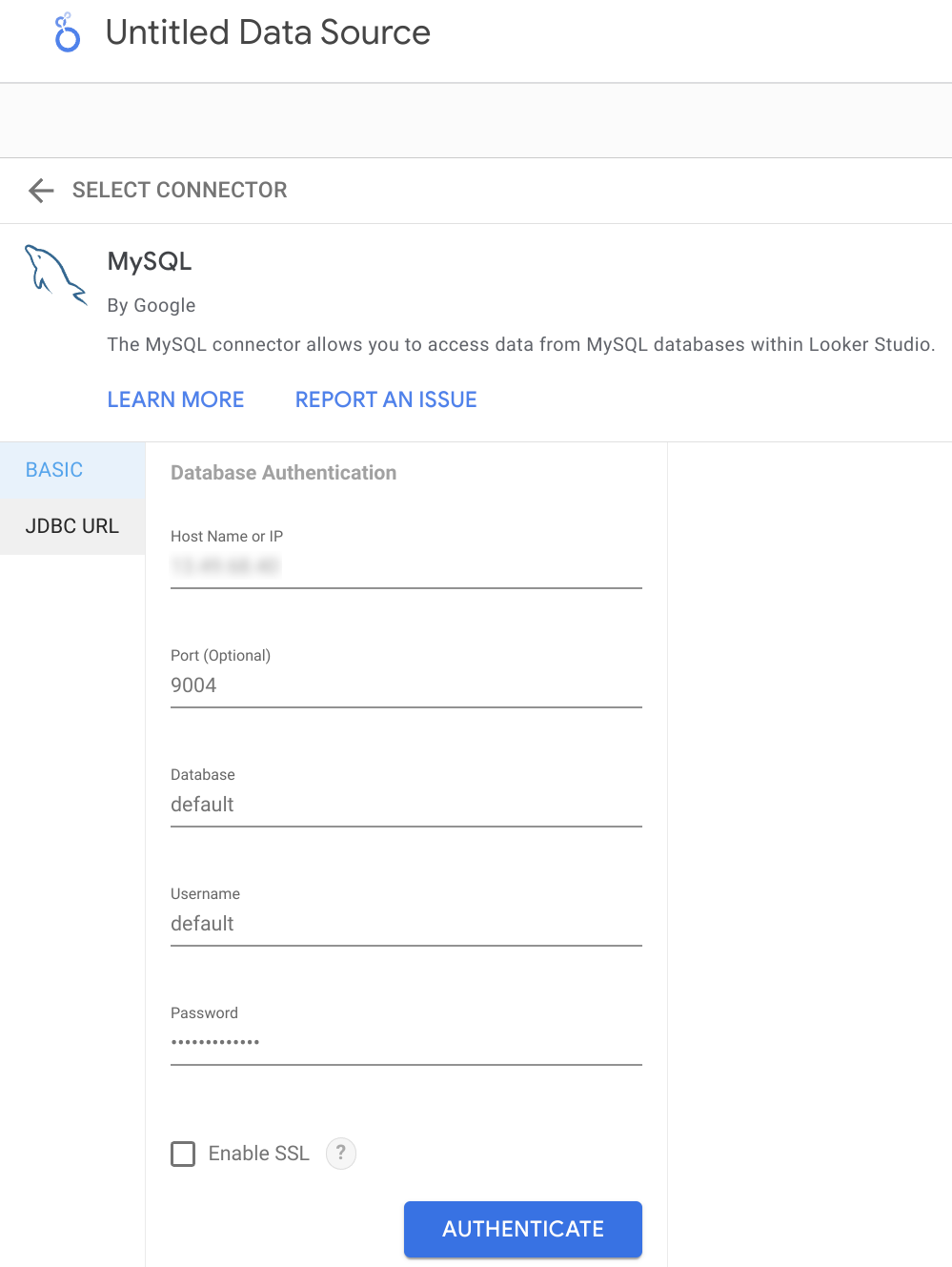 Указание данных подключения ClickHouse MySQL в Looker Studio