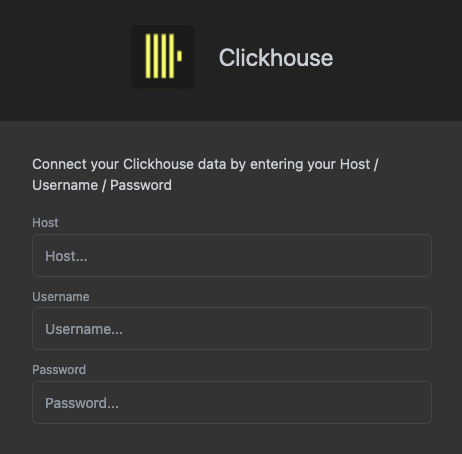 Форма конфигурации соединения Luzmo, показывающая поля для хоста ClickHouse, имени пользователя и пароля