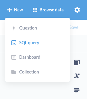 Меню New Metabase, показывающее возможности создания вопросов, SQL запросов и панелей мониторинга