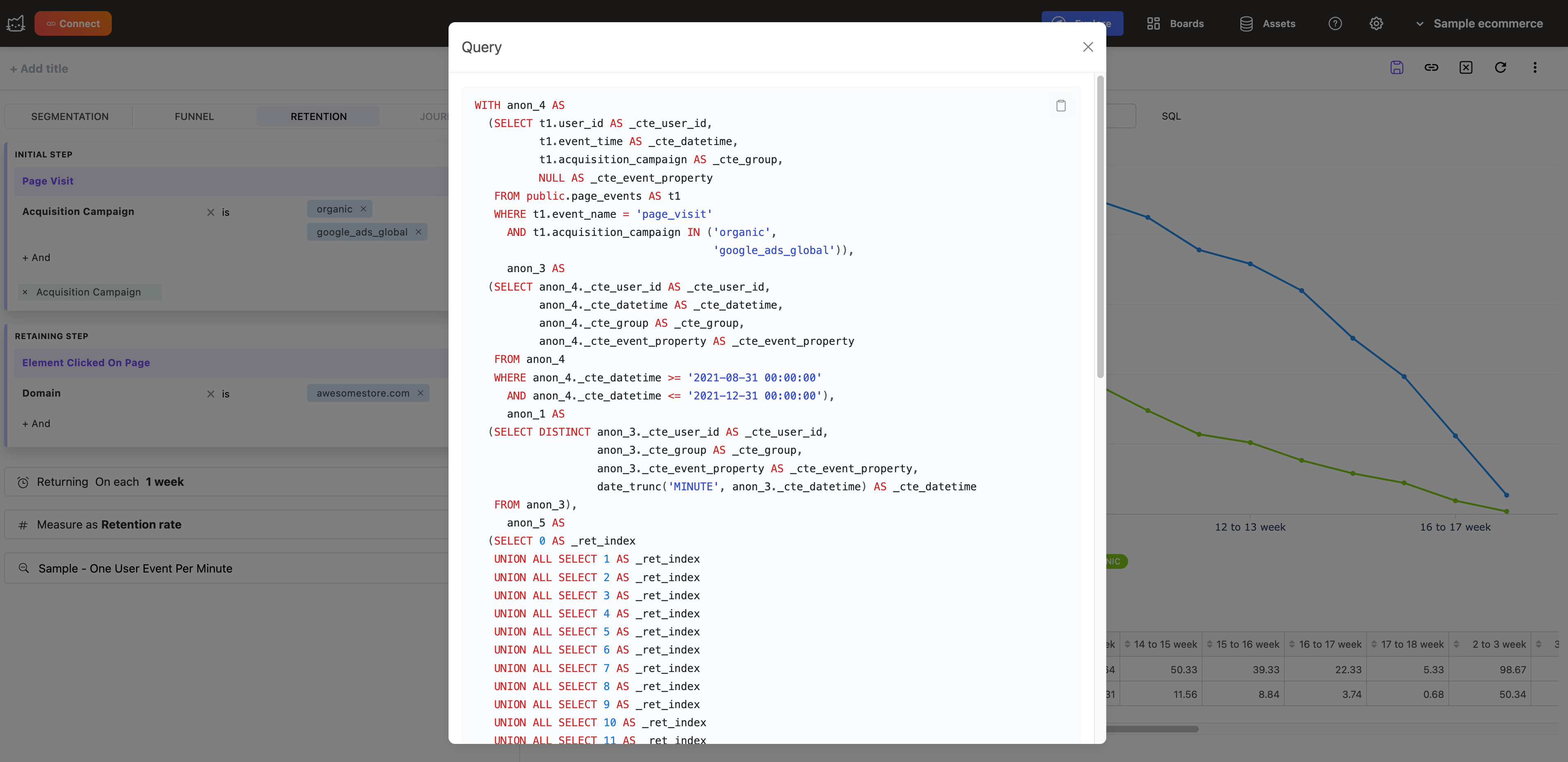 Просмотр генерации SQL-кода Mitzu с отображением нативного запроса ClickHouse