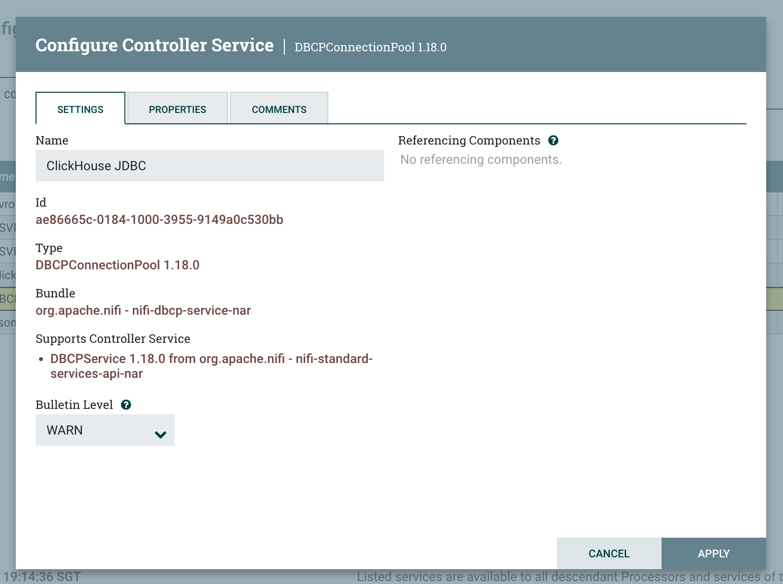 Диалог конфигурации DBCPConnectionPool с заполненными свойствами