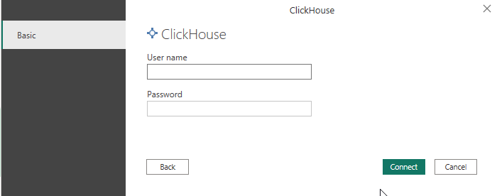 Диалог.credentials для подключения ClickHouse для имени пользователя и пароля