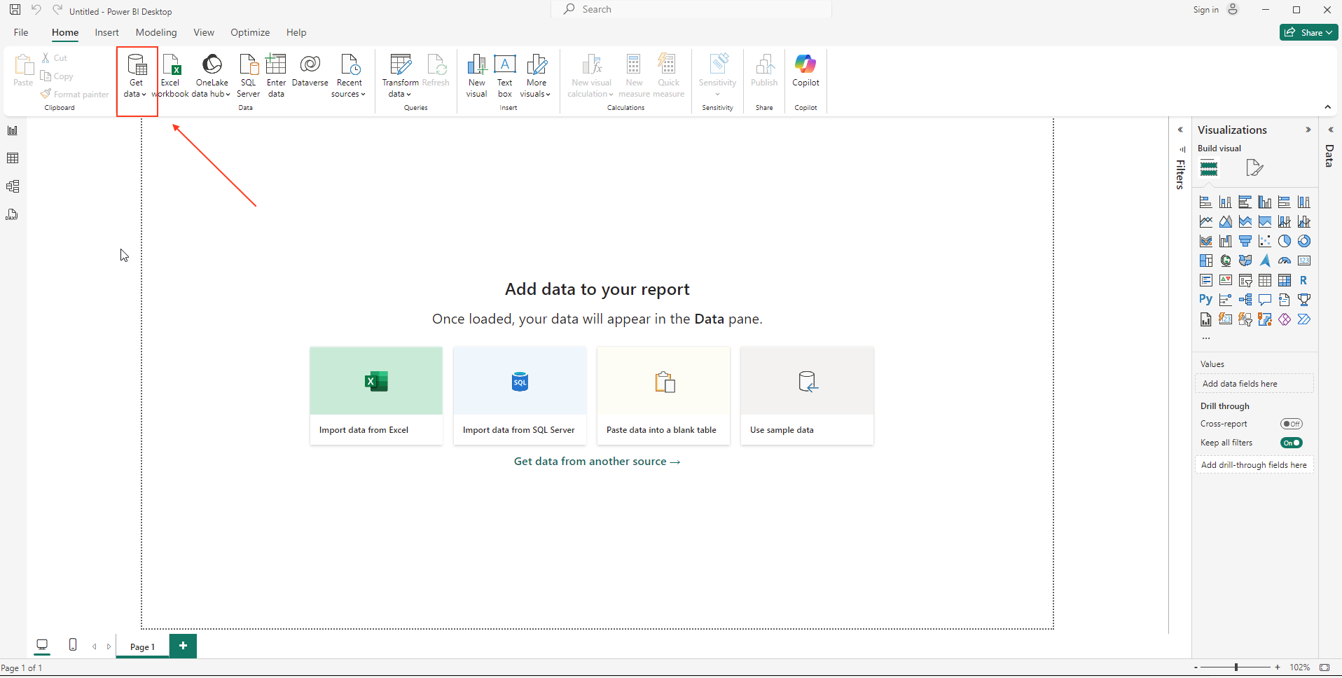 Главный экран Power BI Desktop с кнопкой Получить данные