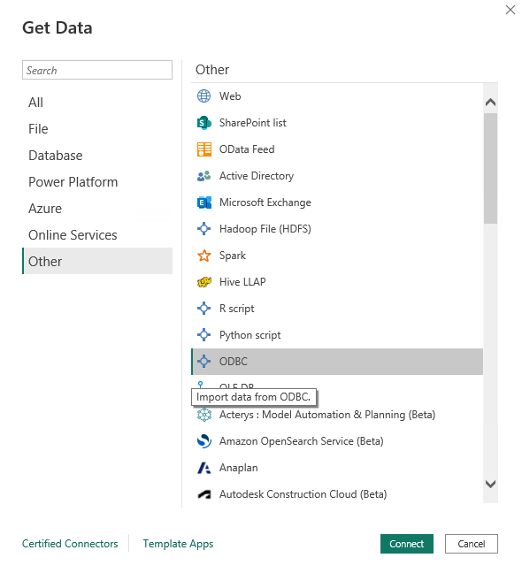 Диалог Power BI Получить данные с выбранной опцией ODBC в категории Другое