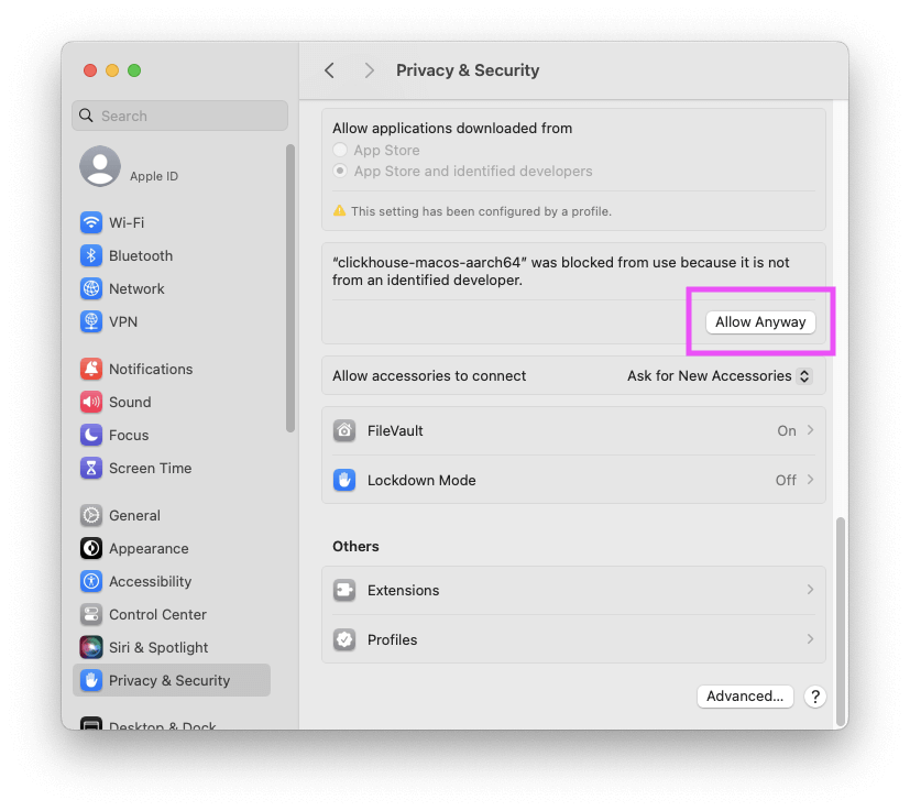 Настройки конфиденциальности и безопасности MacOS с кнопкой Разрешить В любом случае