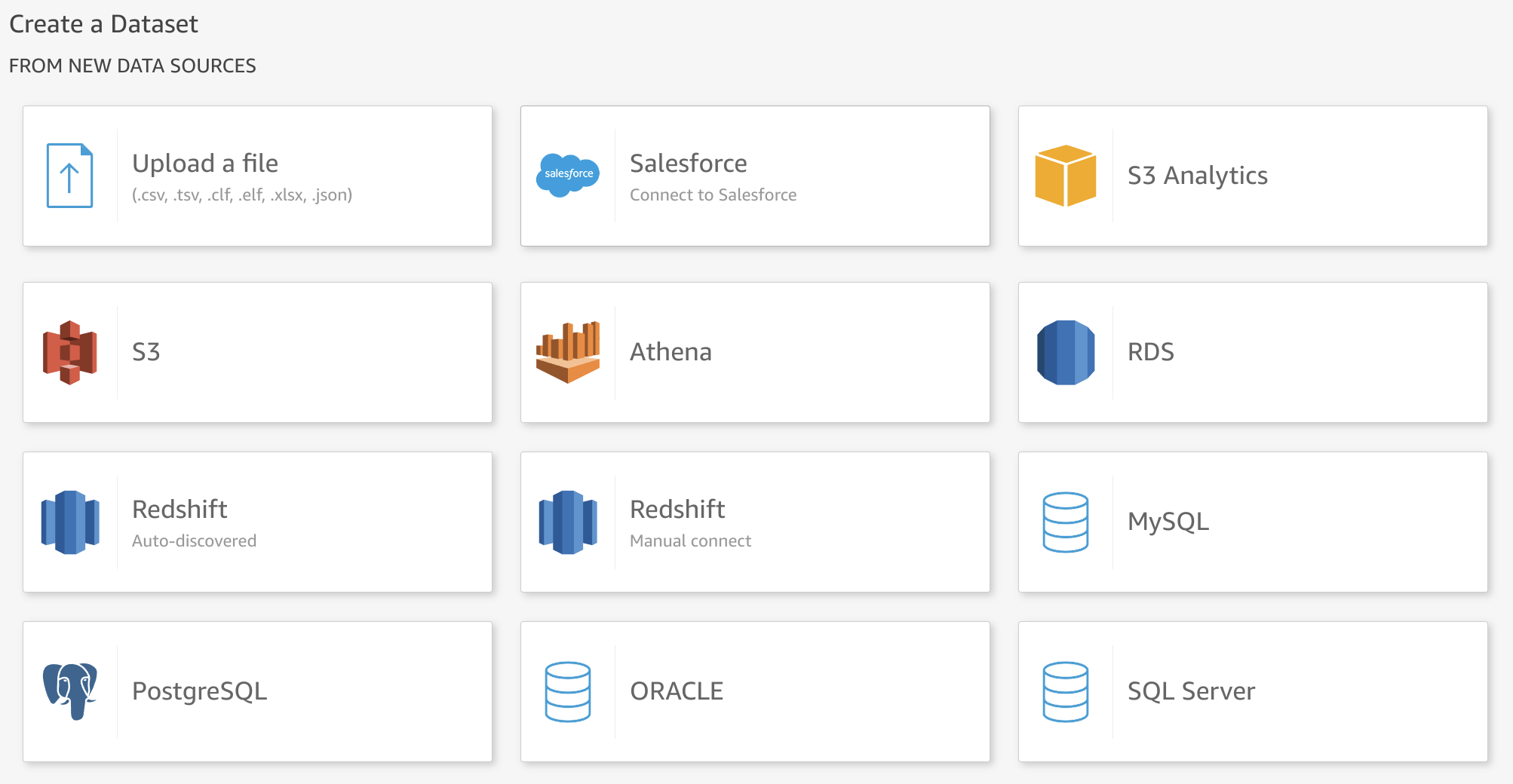 Экран выбора источника данных QuickSight с выделенным MySQL в результатах поиска