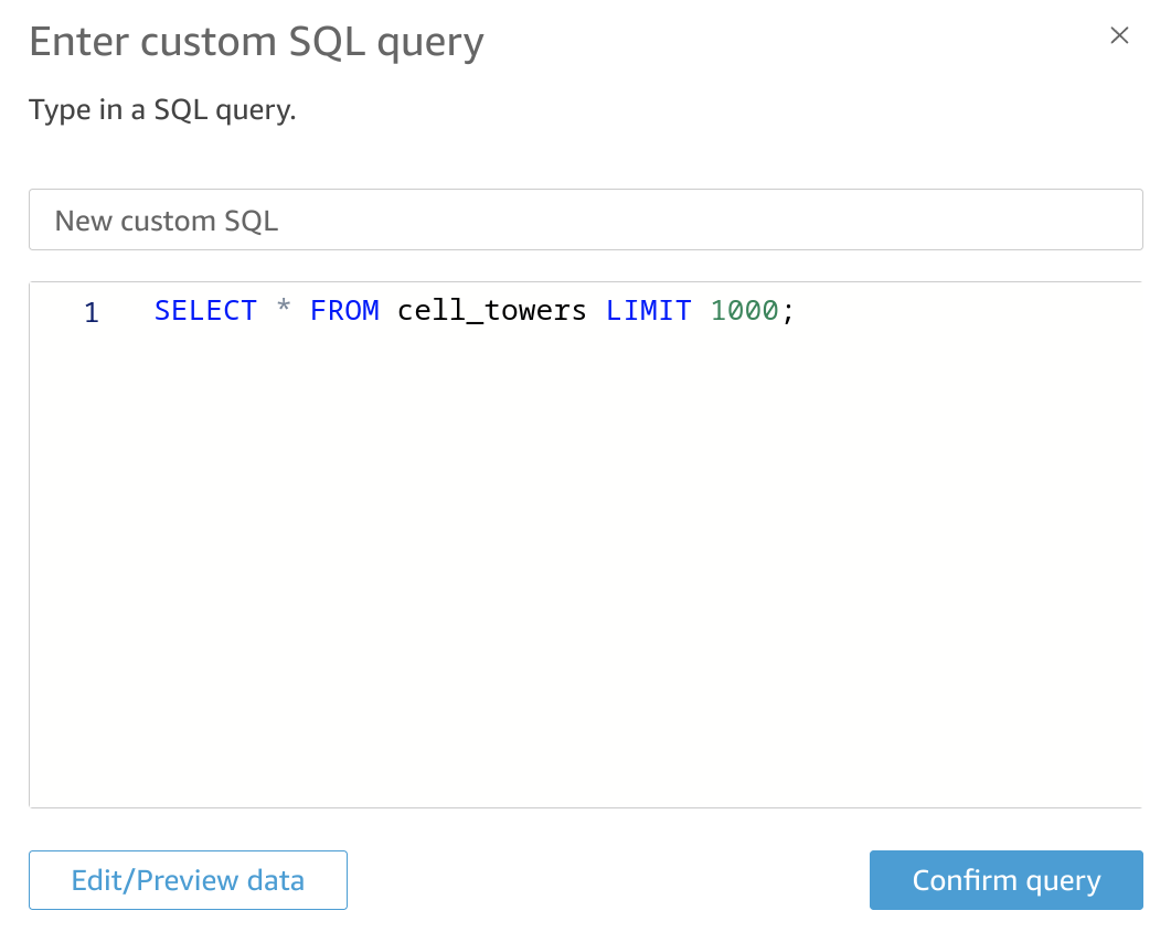 Редактор пользовательского SQL запроса QuickSight для извлечения данных из ClickHouse