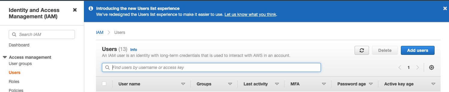 Консоль управления AWS IAM - добавление нового пользователя