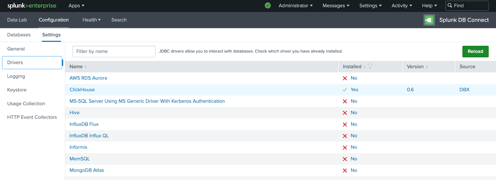 Страница драйверов Splunk DB Connect, показывающая успешно установленный драйвер ClickHouse