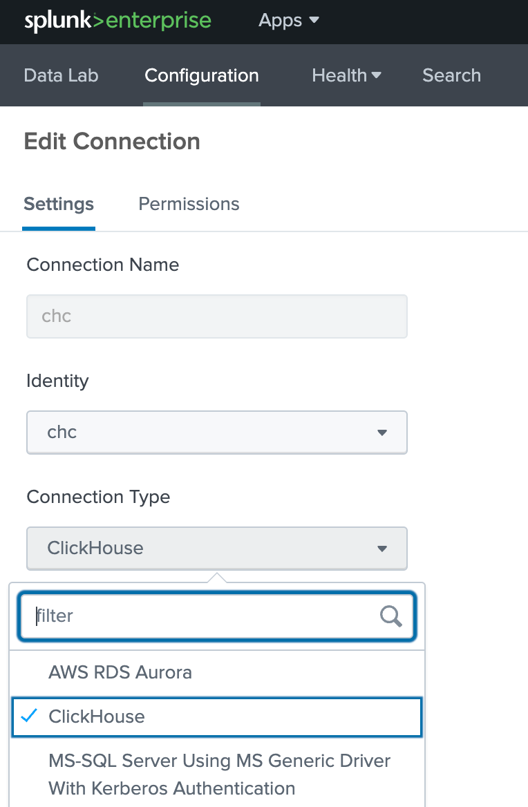 Кнопка нового соединения Splunk DB Connect