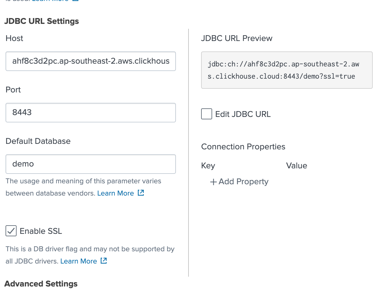 Страница конфигурации соединения Splunk для ClickHouse