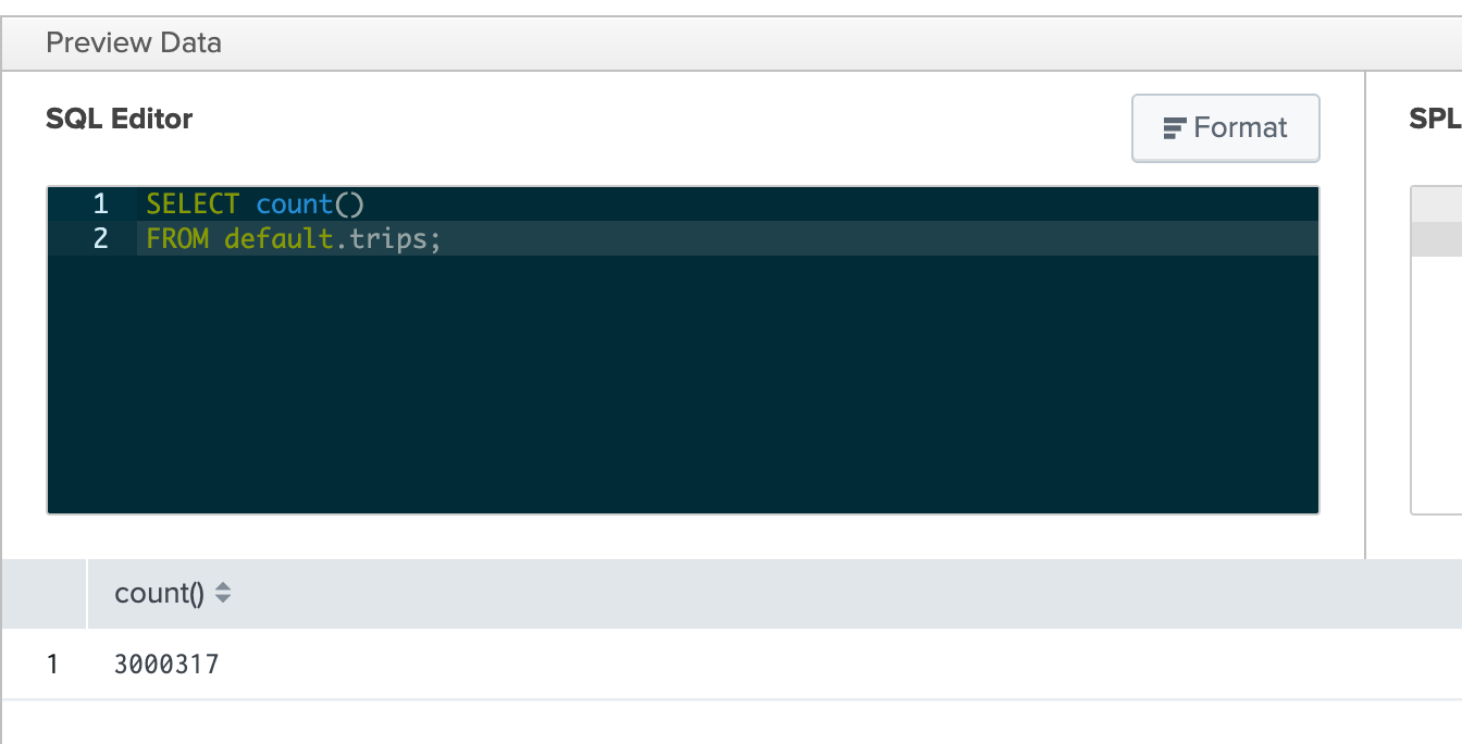Выполнение SQL-запроса Splunk, показывающее количество записей в таблице trips