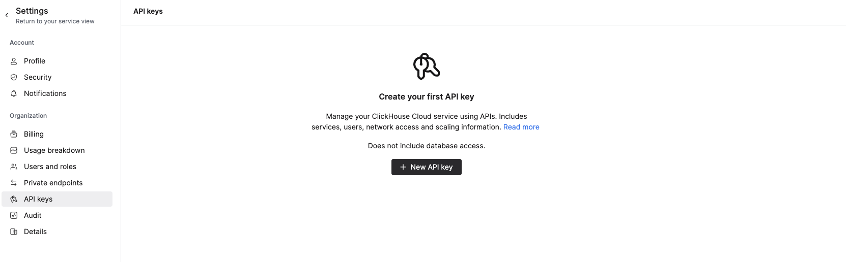 Консоль ClickHouse Cloud, показывающая раздел API Keys в левом навигационном меню