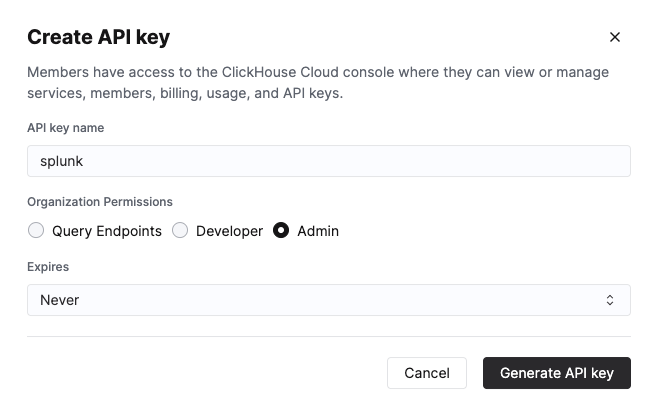Консоль ClickHouse Cloud, показывающая интерфейс создания API Key с выбранными привилегиями Admin