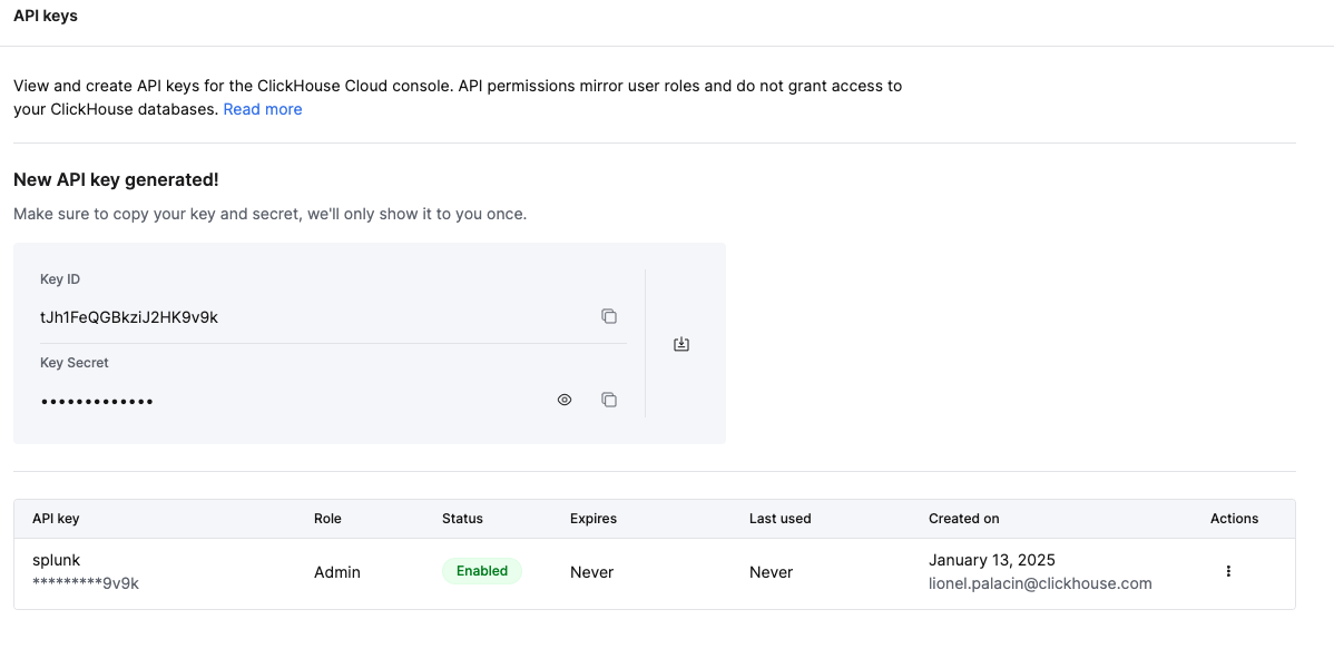 Консоль ClickHouse Cloud, показывающая сгенерированный API Key и секрет для сохранения