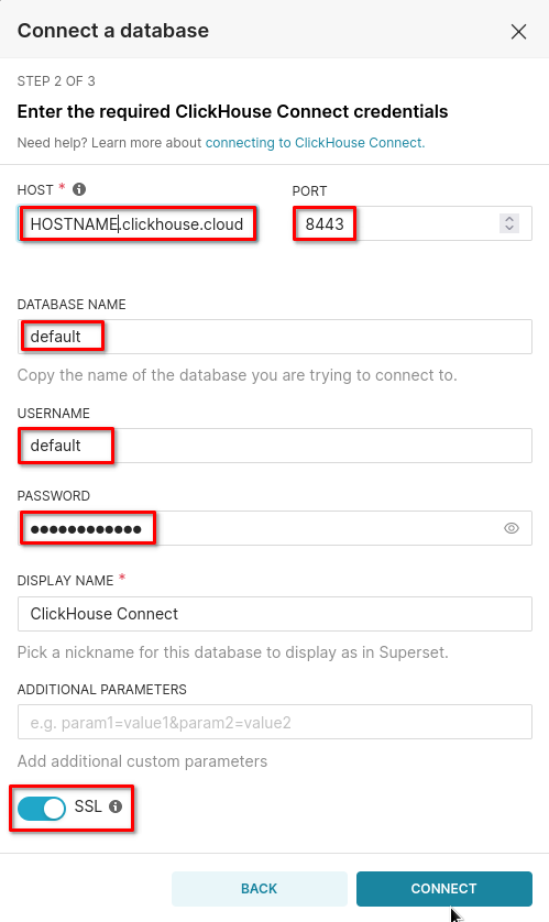 Форма конфигурации подключения Superset с параметрами подключения ClickHouse