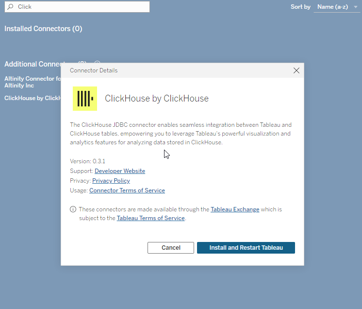 Диалоговое окно установки коннектора Tableau, показывающее детали коннектора JDBC ClickHouse и кнопку установки