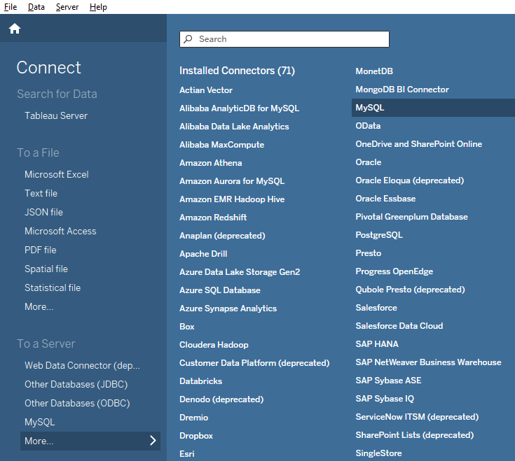 Интерфейс Tableau Desktop, показывающий меню Подключения с выделенным вариантом MySQL
