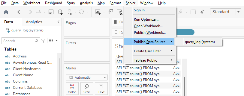 Tableau Desktop показывает меню Сервер с выделенной опцией Опубликовать источник данных
