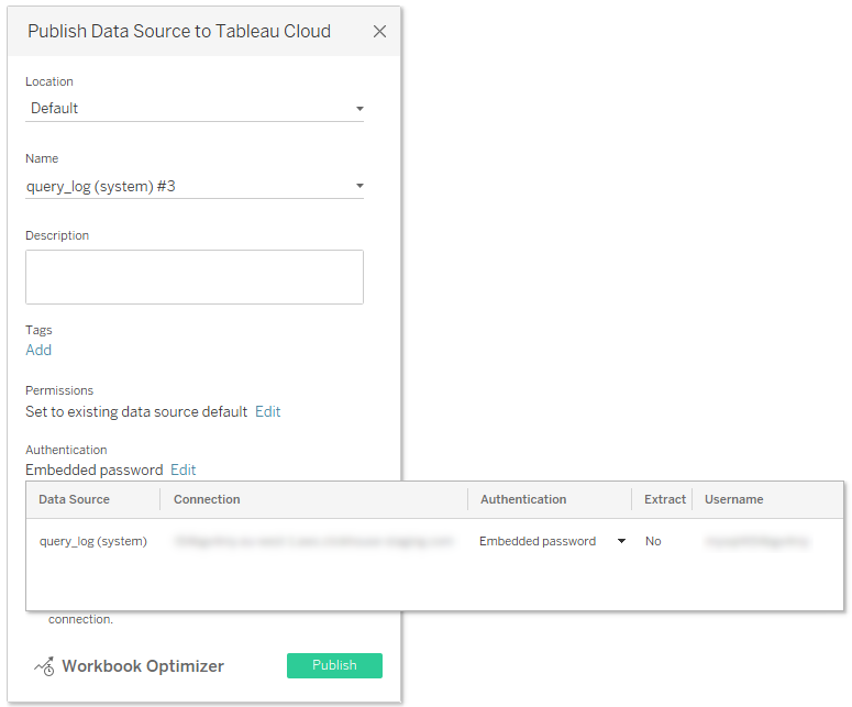 Диалог публикации Tableau Desktop, показывающий параметры аутентификации с выбранным Встроенным паролем