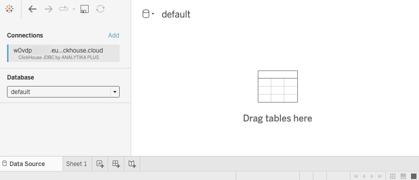 Новая книга Tableau, показывающая начальный экран подключения с параметрами выбора базы данных
