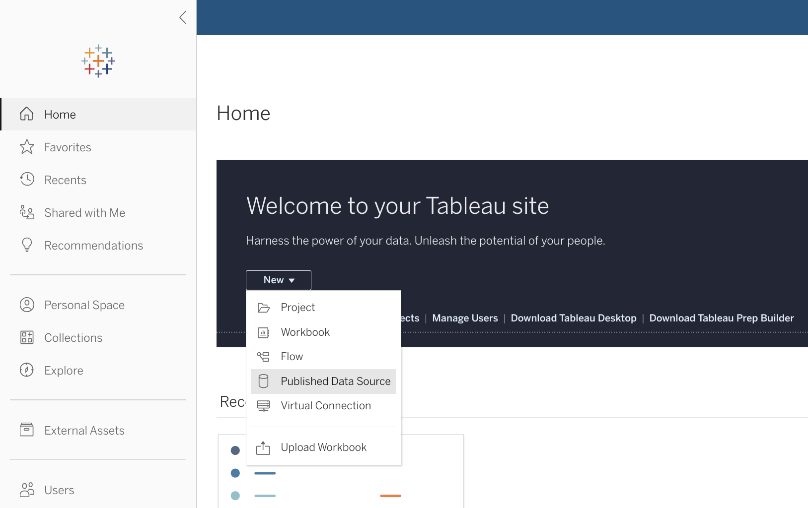 Интерфейс Tableau Online, показывающий кнопку 'Новый' для создания опубликованного источника данных