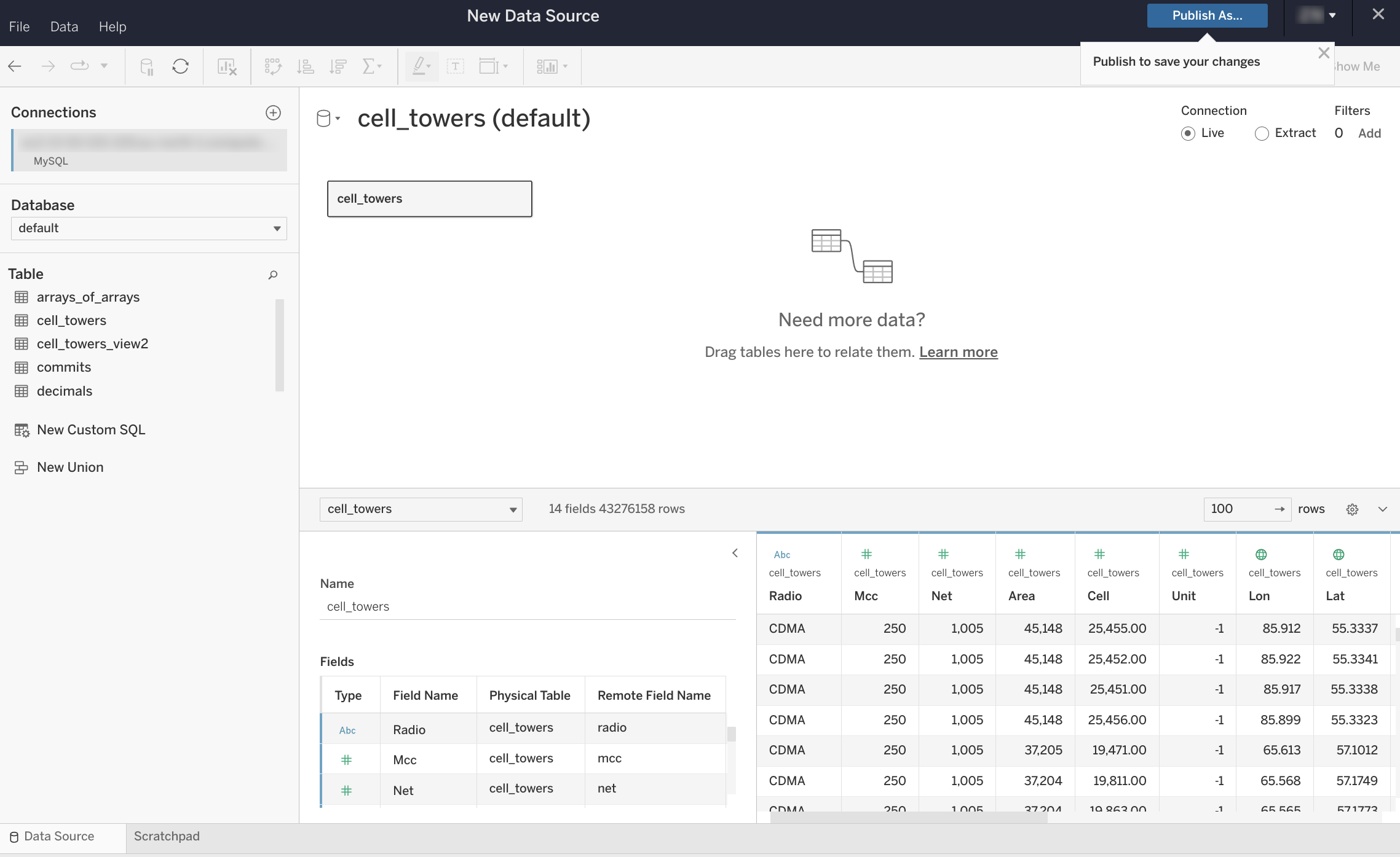Страница источника данных Tableau Online с таблицами базы данных слева и холстом справа с функцией перетаскивания