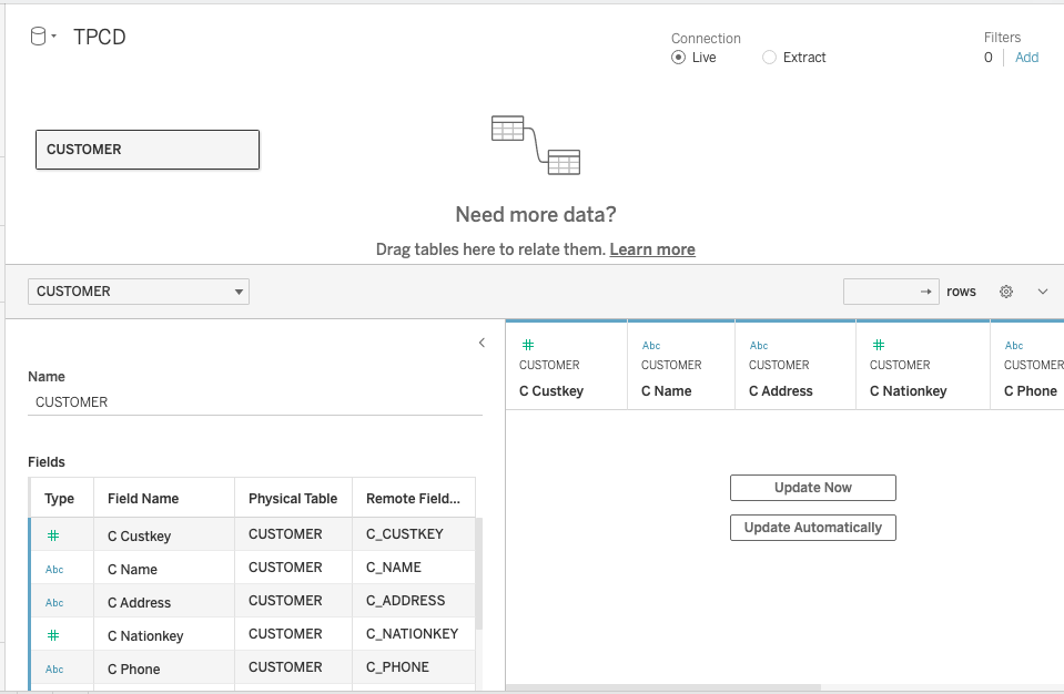 Книга Tableau с перетащенной таблицей CUSTOMER на холст, показывающая заголовки колонок, но без данных