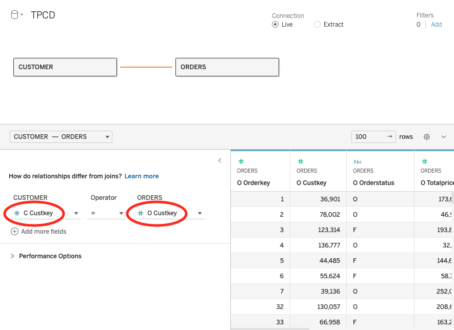 Редактор связей Tableau, показывающий соединение между таблицами CUSTOMER и ORDERS с использованием поля Custkey